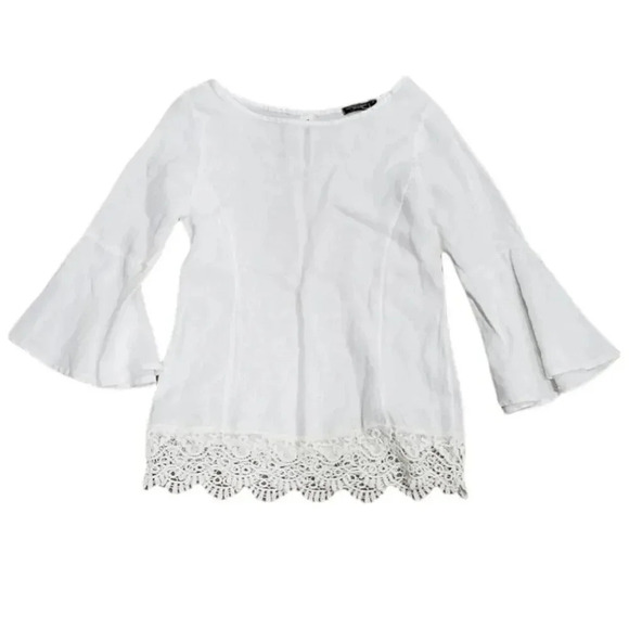 Lungo L'arno White Linen Crochet Trim Bell Sleeve Blouse S - Picture 1 of 4